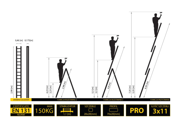 Лестница 3-секционная универсальная Drabest PRO 3х11