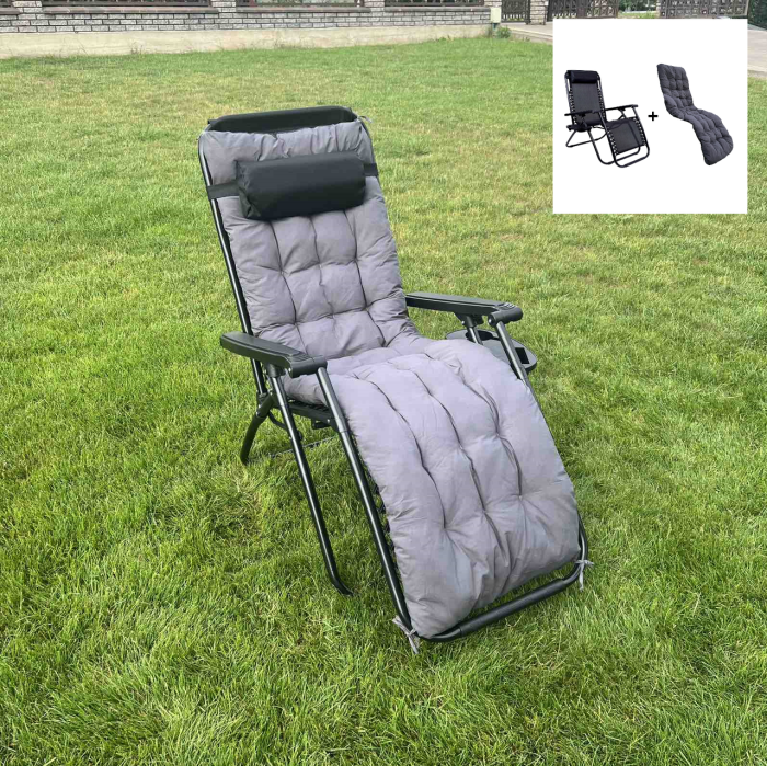 Садовый шезлонг тканевый с матрасом RahheGarden Premium Черный + Серый