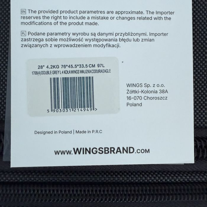 Чемодан тканевый большой на 4 колесах Wings 1708 L Серый
