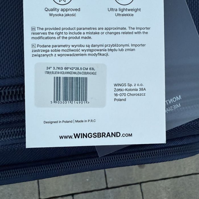 Валіза тканинна середня на 4 колесах Wings 1708 M Синій